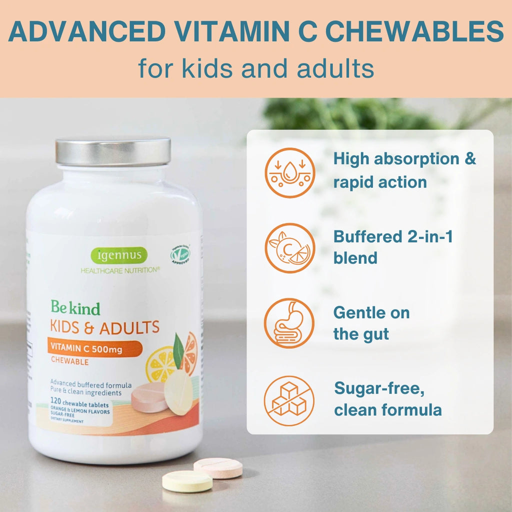A bottle of igennus Be kind Kids & Adults Vitamin C chewables is shown on a light gray surface with three chewable tablets in front. To the right is a white information panel with orange icons and text highlighting product benefits: high absorption and rapid action, buffered 2-in-1 blend, gentle on the gut, and sugar-free clean formula.