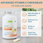 A bottle of igennus Be kind Kids & Adults Vitamin C chewables is shown on a light gray surface with three chewable tablets in front. To the right is a white information panel with orange icons and text highlighting product benefits: high absorption and rapid action, buffered 2-in-1 blend, gentle on the gut, and sugar-free clean formula.