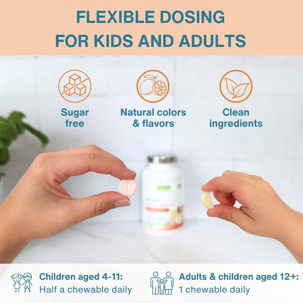 A bottle of chewable supplements is shown with two hands holding one pink round chewable and one pale yellow chewable in front of a white tiled wall. Text at the top reads 'FLEXIBLE DOSING FOR KIDS AND ADULTS' with icons for 'Sugar free', 'Natural colors & flavors', and 'Clean ingredients'.