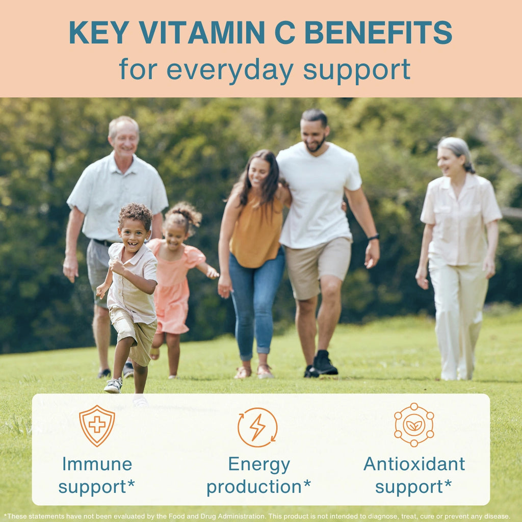 Promotional graphic for Vitamin C benefits, featuring a family walking in a park with the headline 'KEY VITAMIN C BENEFITS for everyday support' at the top and three benefit icons for 'Immune support', 'Energy production', and 'Antioxidant support' at the bottom.