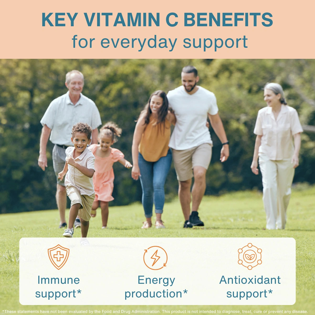 Promotional graphic for Vitamin C benefits, featuring a family walking in a park with the headline 'KEY VITAMIN C BENEFITS for everyday support' at the top and three benefit icons for 'Immune support', 'Energy production', and 'Antioxidant support' at the bottom.