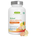 A white bottle of igennus Bekind Kids & Adults Vitamin C 500mg Chewable dietary supplement, shown with several orange and pale yellow chewable tablets in front of the bottle on a white background.
