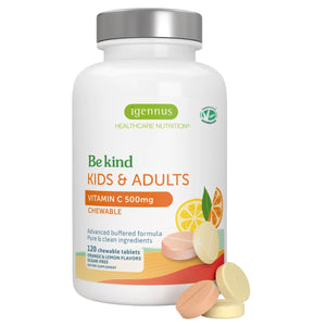 A white bottle of igennus Bekind Kids & Adults Vitamin C 500mg Chewable dietary supplement, shown with several orange and pale yellow chewable tablets in front of the bottle on a white background.