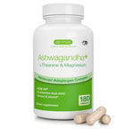 A white bottle of Igennus Ashwagandha+ L-Theanine & Magnesium dietary supplement with a green label, shown on a white background with three capsules in front.