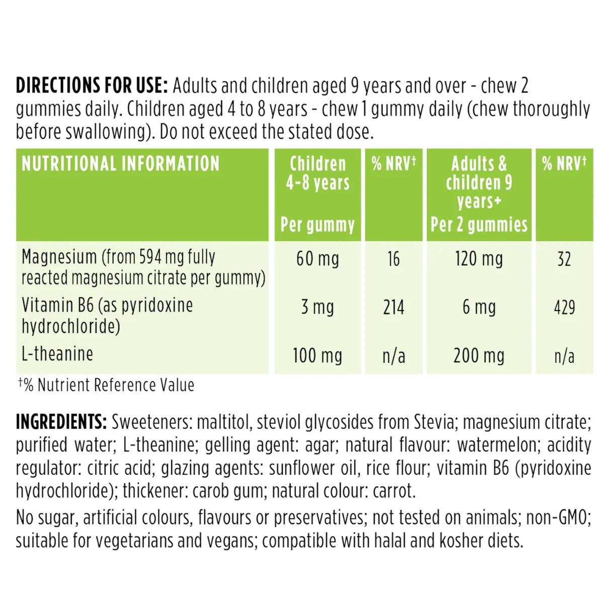 Calm Gummies nutrition table