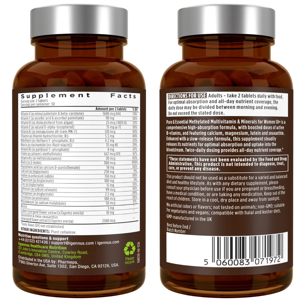 Two brown supplement bottles with labels showing nutritional information and directions.