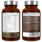Two brown supplement bottles with labels showing nutritional information and directions.