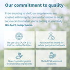 Quality commitment statement with icons and text about supplement manufacturing processes.