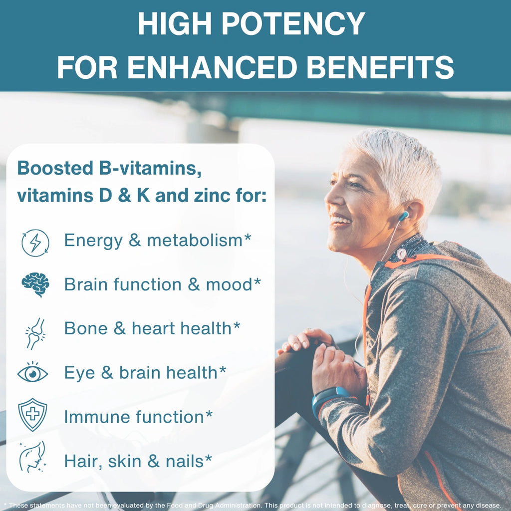 Person exercising outdoors with text about high potency vitamins and minerals