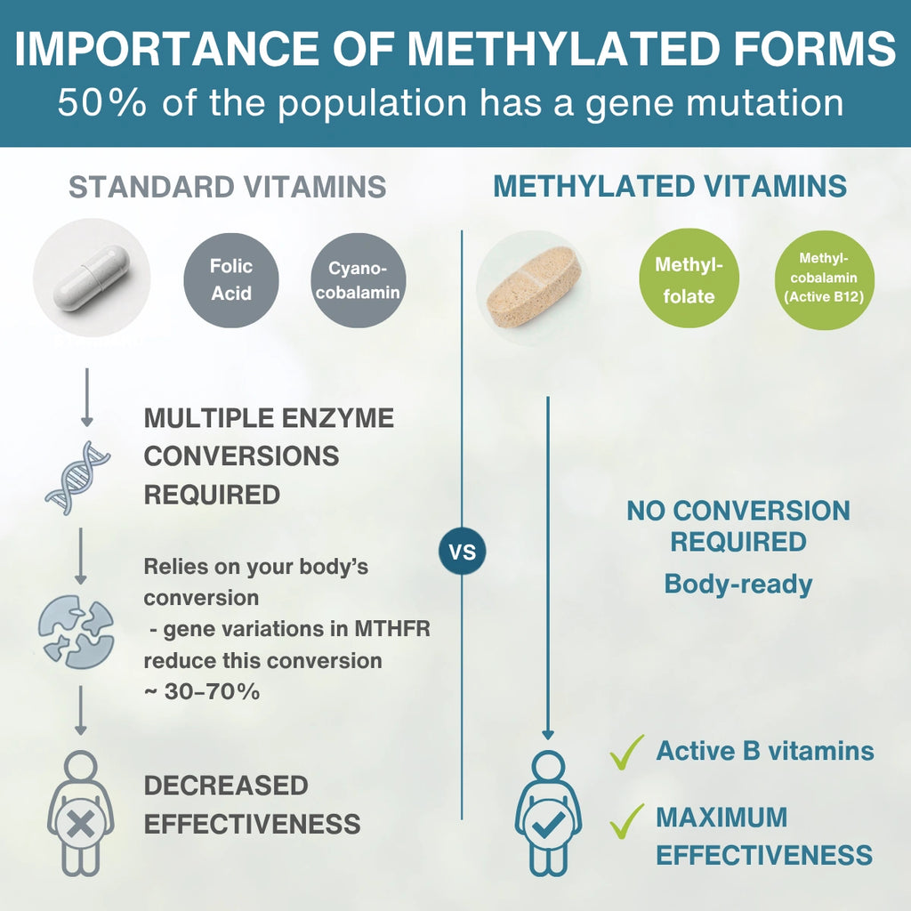 An infographic titled 'IMPORTANCE OF METHYLATED FORMS' compares standard vitamins with methylated vitamins, using icons, text, and pill illustrations on a pale background.