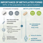 An infographic titled 'IMPORTANCE OF METHYLATED FORMS' compares standard vitamins with methylated vitamins, using icons, text, and pill illustrations on a pale background.