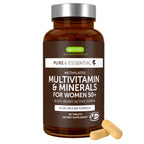 Supplement bottle labeled 'Pure & Essential' for women 50+