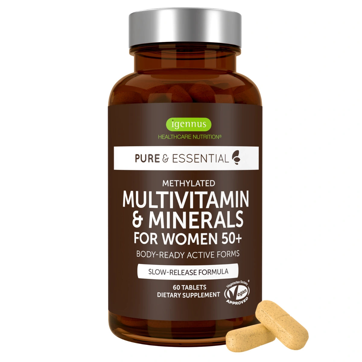 Supplement bottle labeled 'Pure & Essential' for women 50+