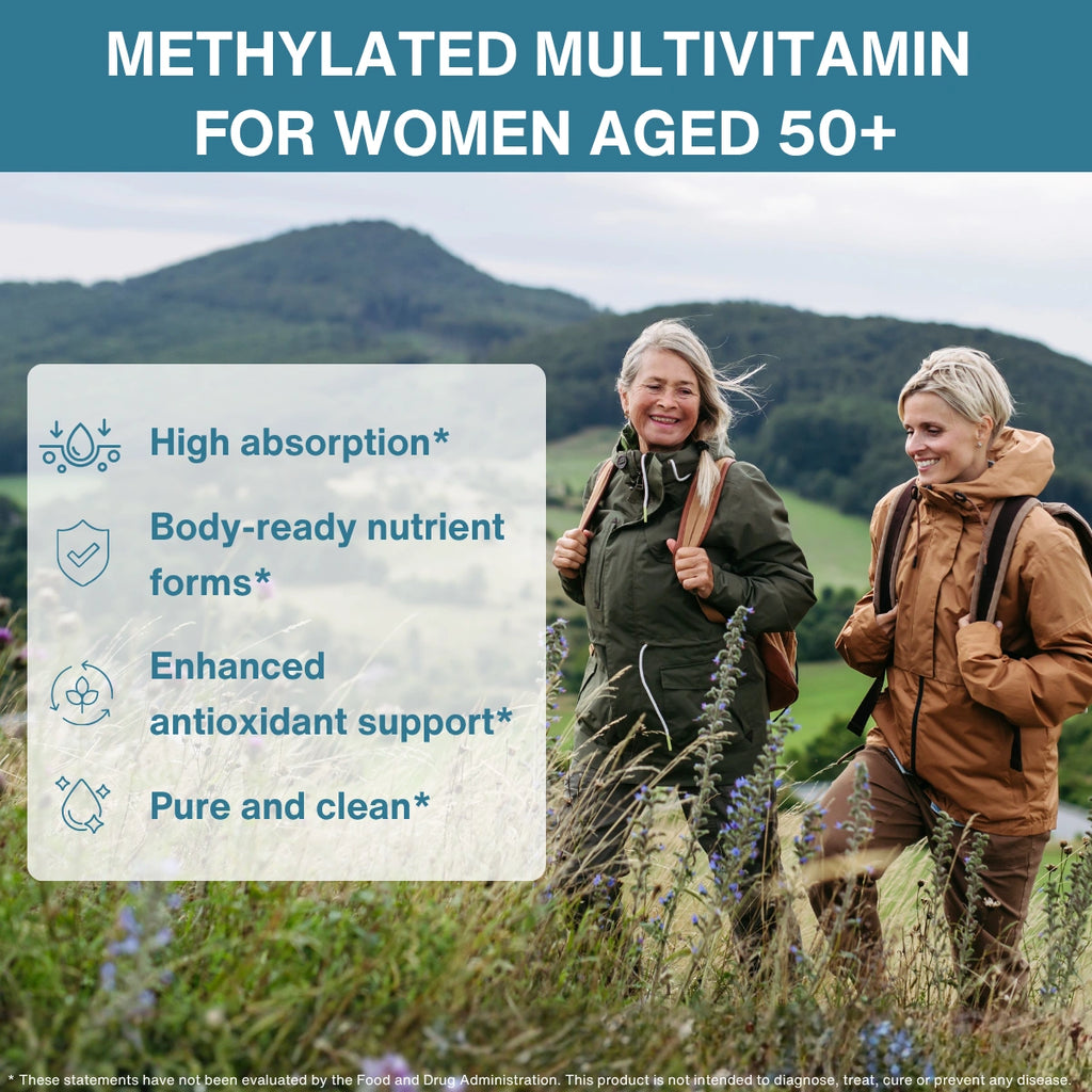 Two women hiking in a scenic outdoor setting with text about methylated multivitamins for women aged 50+.