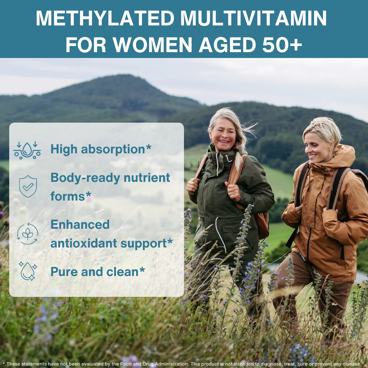 Two women hiking in a scenic outdoor setting with text about methylated multivitamins for women aged 50+.