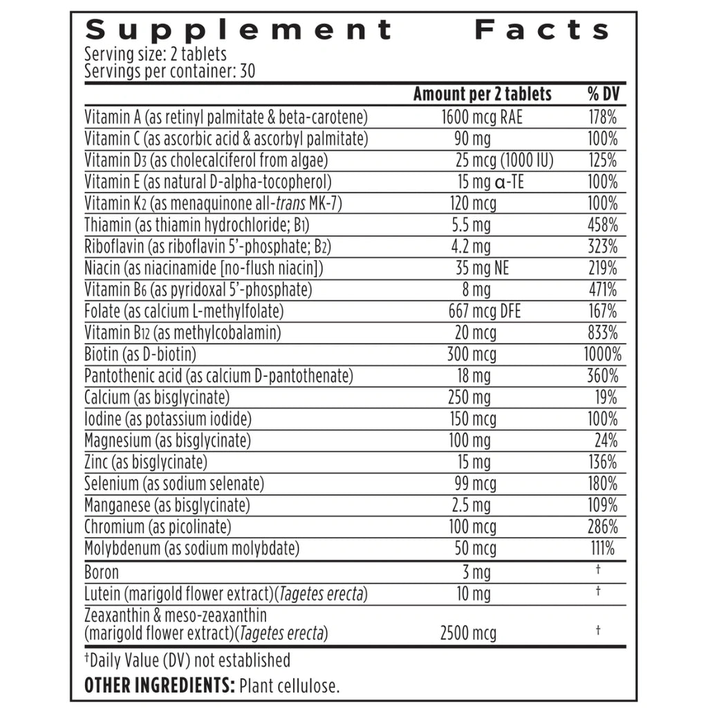 A supplement facts label showing a supplement's 'Serving Facts' panel with listed nutrients, serving size 2 tablets, and daily value percentages, on a white background.