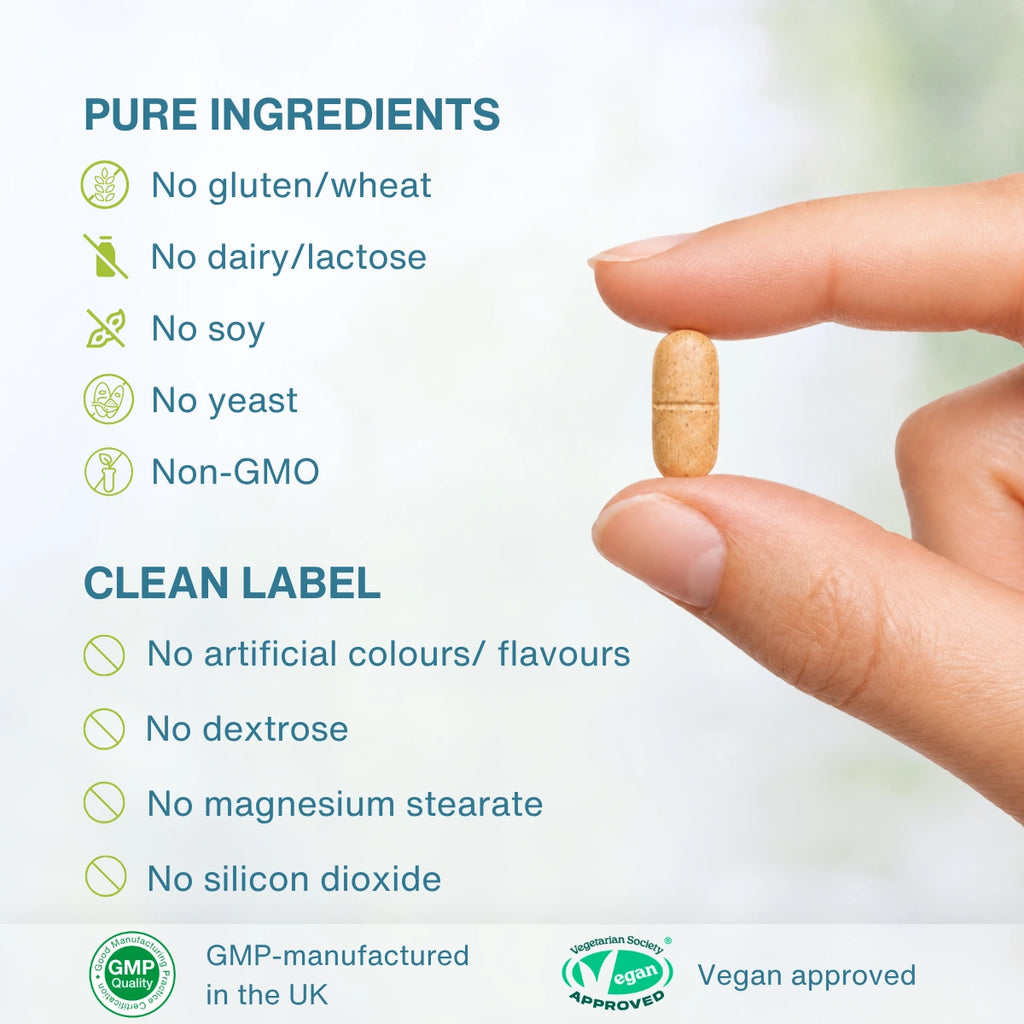 A hand holds a single beige capsule pill against a soft light background, with text listing pure ingredients and clean label claims such as no gluten, wheat, dairy/lactose, soy, yeast, GMO, artificial colours/flavours, dextrose, magnesium stearate, and silicon dioxide. Logos for GMP, GMP in the UK, and Vegan approved are visible at the bottom.