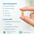 A hand holds a single beige capsule pill against a soft light background, with text listing pure ingredients and clean label claims such as no gluten, wheat, dairy/lactose, soy, yeast, GMO, artificial colours/flavours, dextrose, magnesium stearate, and silicon dioxide. Logos for GMP, GMP in the UK, and Vegan approved are visible at the bottom.