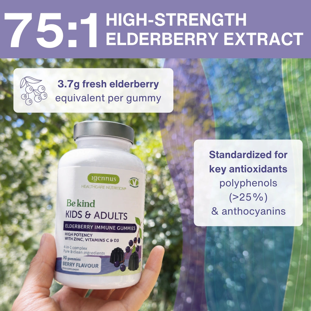 A hand holds a bottle of Igenuus 'Be Kind' Elderberry Immune Gummies against a blurred outdoor garden background. The image features promotional text overlays highlighting '75:1 High-Strength Elderberry Extract' and product benefits.