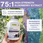 A hand holds a bottle of Igenuus 'Be Kind' Elderberry Immune Gummies against a blurred outdoor garden background. The image features promotional text overlays highlighting '75:1 High-Strength Elderberry Extract' and product benefits.