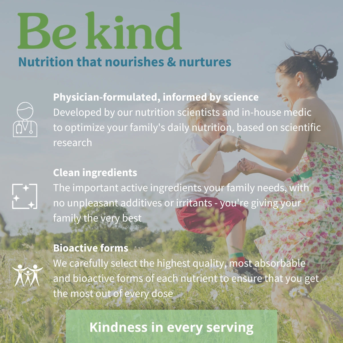Advertisement for a nutrition product with a family in a field and text about the product's features.