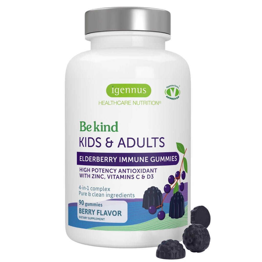 A white bottle of Igennus 'Be kind' Elderberry Immune Gummies with a silver cap, shown on a white background with three dark purple gummies in the foreground.
