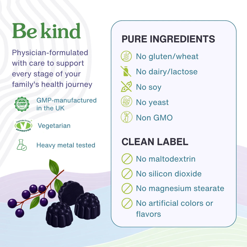 A product information graphic for a physician-formulated dietary supplement. The left side features the brand name 'Be kind' in green, accompanied by illustrations of dark purple berries and icons indicating GMP, vegetarian, and heavy metal testing.
