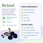 A product information graphic for a physician-formulated dietary supplement. The left side features the brand name 'Be kind' in green, accompanied by illustrations of dark purple berries and icons indicating GMP, vegetarian, and heavy metal testing.