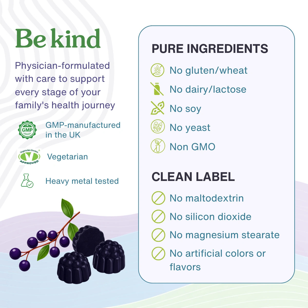 A product information graphic for a physician-formulated dietary supplement. The left side features the brand name 'Be kind' in green, accompanied by illustrations of dark purple berries and icons indicating GMP, vegetarian, and heavy metal testing.