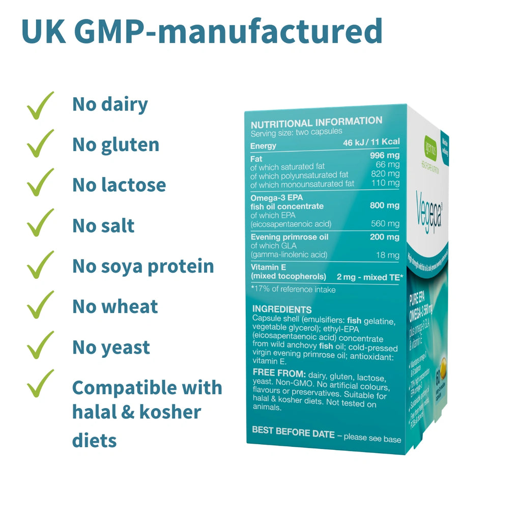 Vegacare supplement box with nutritional information and allergen-free details on a white background