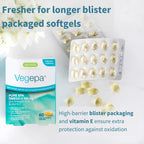 Vegepa supplement packaging with blister packs and pills on a light background
