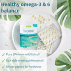 Vegepa Pure EPA Omega-3 120 mg supplement packaging and blister packs displayed on a white marble surface with scattered softgel capsules and green leaf props. Text overlays highlight benefits: 'Healthy omega-3 & 6 balance', 'Pure EPA from wild fish oil', 'GLA-rich evening primrose oil', and 'Blister packed for freshness'.