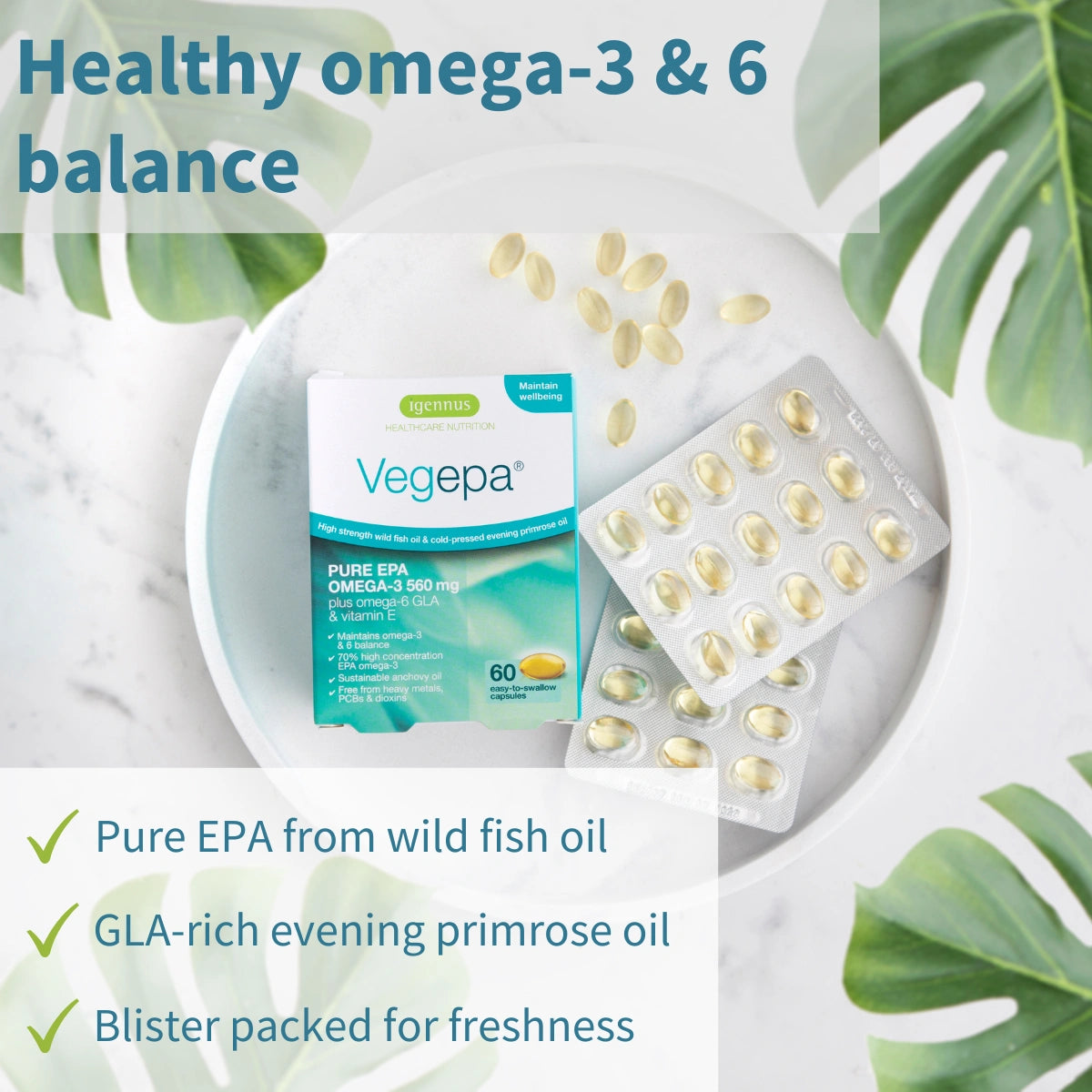 Vegepa Pure EPA Omega-3 120 mg supplement packaging and blister packs displayed on a white marble surface with scattered softgel capsules and green leaf props. Text overlays highlight benefits: 'Healthy omega-3 & 6 balance', 'Pure EPA from wild fish oil', 'GLA-rich evening primrose oil', and 'Blister packed for freshness'.