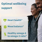 Two people standing outdoors with text about optimal wellbeing support, heart health, mood balance, and omega-6 to omega-3 ratio.