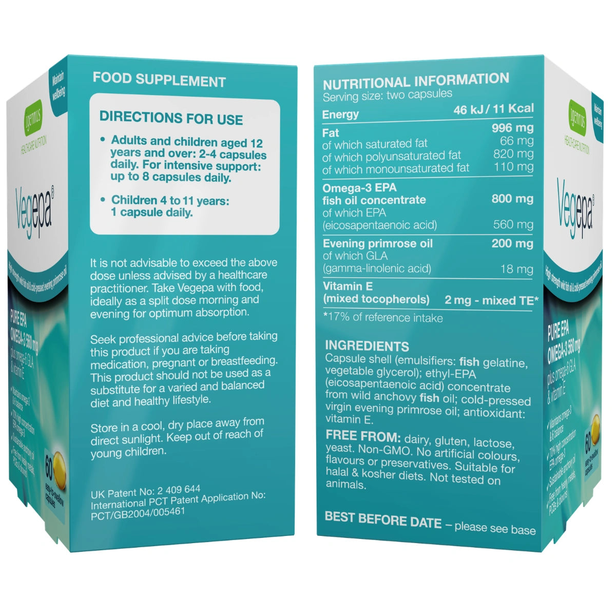Two boxes of Vegveger Food Supplement shown at an angle against a plain white background, displaying the front and back panels of the packaging.