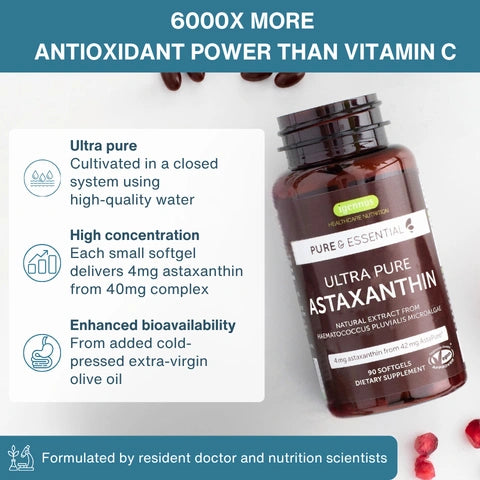 A bottle of Pure & Essential Ultra Pure Astaxanthin dietary supplement shown on a white background with promotional text highlighting antioxidant benefits and product features.