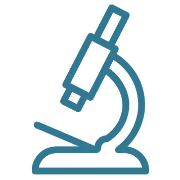A minimalist blue line icon of a microscope on a plain white background.