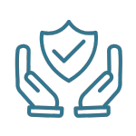 Icon of hands holding a shield with a checkmark, symbolizing protection or approval.