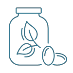 Icon of a jar with leaves and a pill, representing a supplement or medicine.