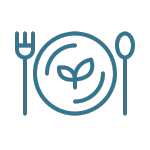 Icon of a plate with a fork and spoon, featuring a leaf symbol, on a white background.
