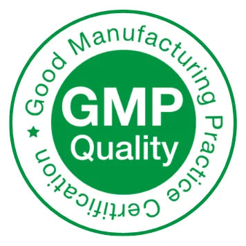 A circular green and white GMP Quality certification badge with the text 'Good Manufacturing Practice Certification' and 'GMP Quality' in white on a green background.