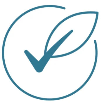 A teal blue circular icon featuring a checkmark and leaf symbol on a solid white background.