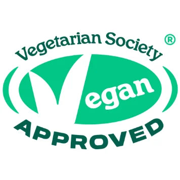 Vegetarian Society Vegan Approved logo with a green and white circular emblem and green text on a white background.